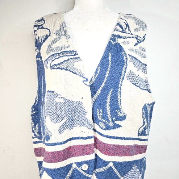 Vintage 70s Maxson Tapestri Oatmeal White Blue Woman Golf Tapestry Vest - Picture 2 of 7